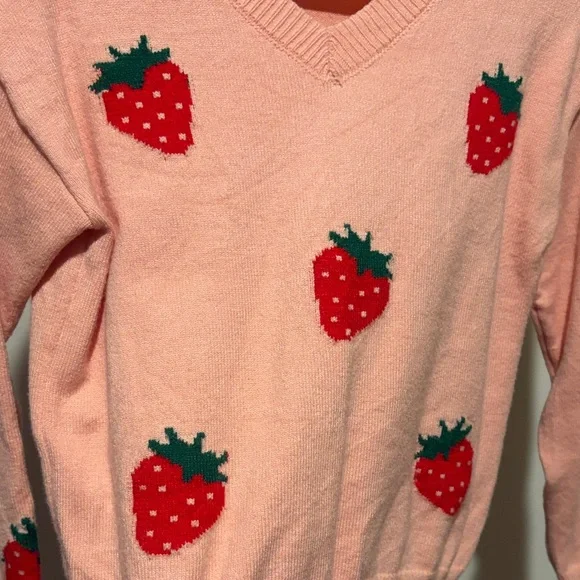 SHEIN Pink V-Neck Strawberry Sweater with Red Motifs - Picture 3 of 3